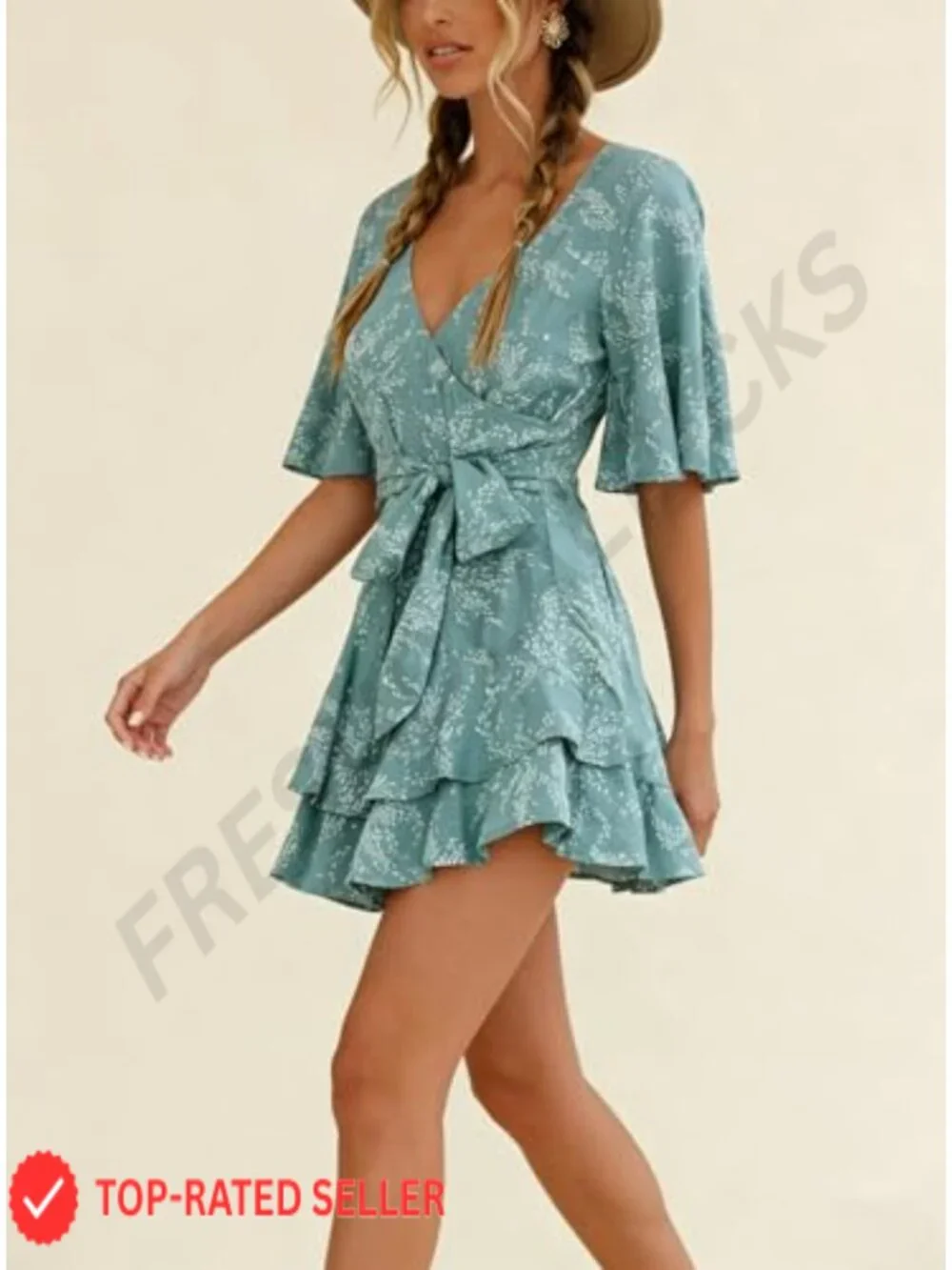 Women's Summer Romper Floral V Neck Short Sleeve Waist Tie Ruffle Hem Jumpsuit